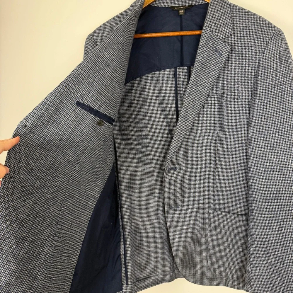 Banana Republic Blazer Mens 44R Blue Houndstooth Linen Blend Sport Coat Tailored